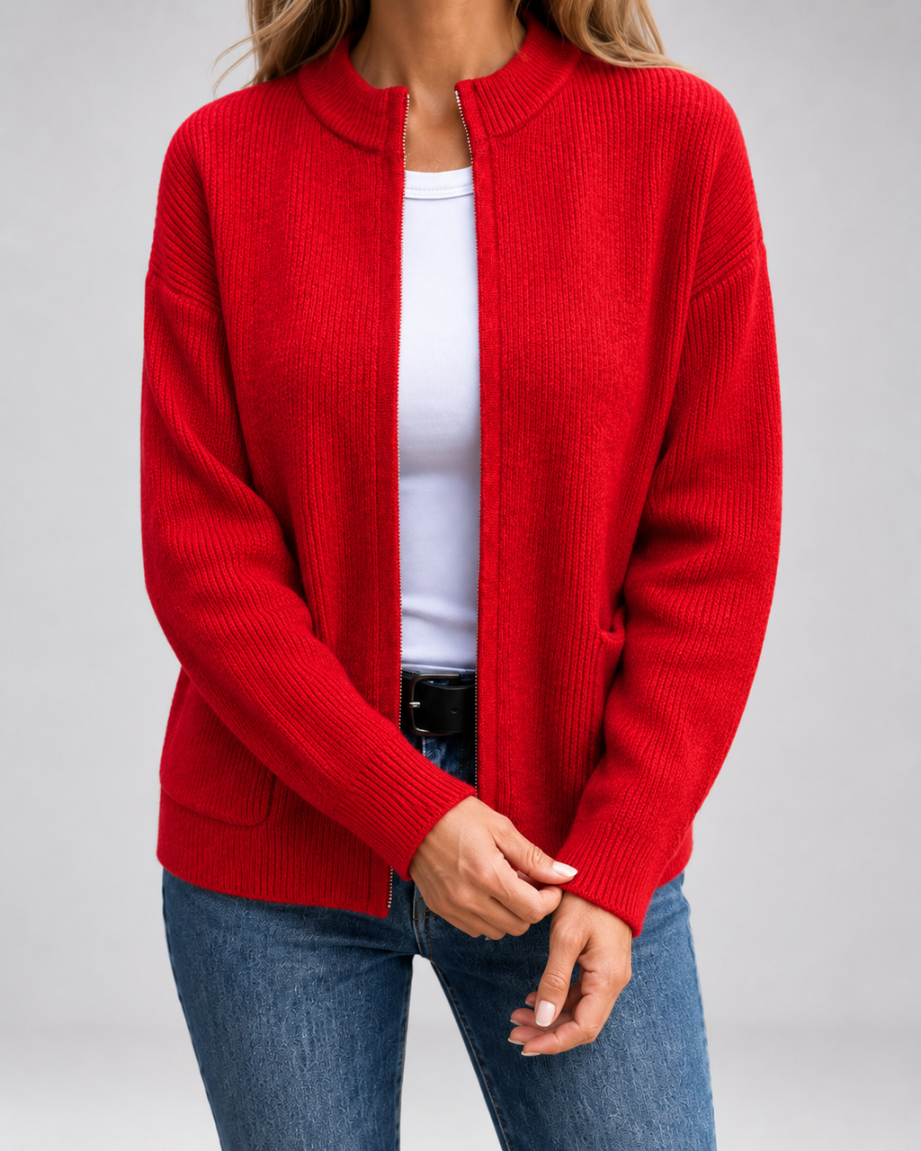 Red open-front knit cardigan with long sleeves and front patch pockets