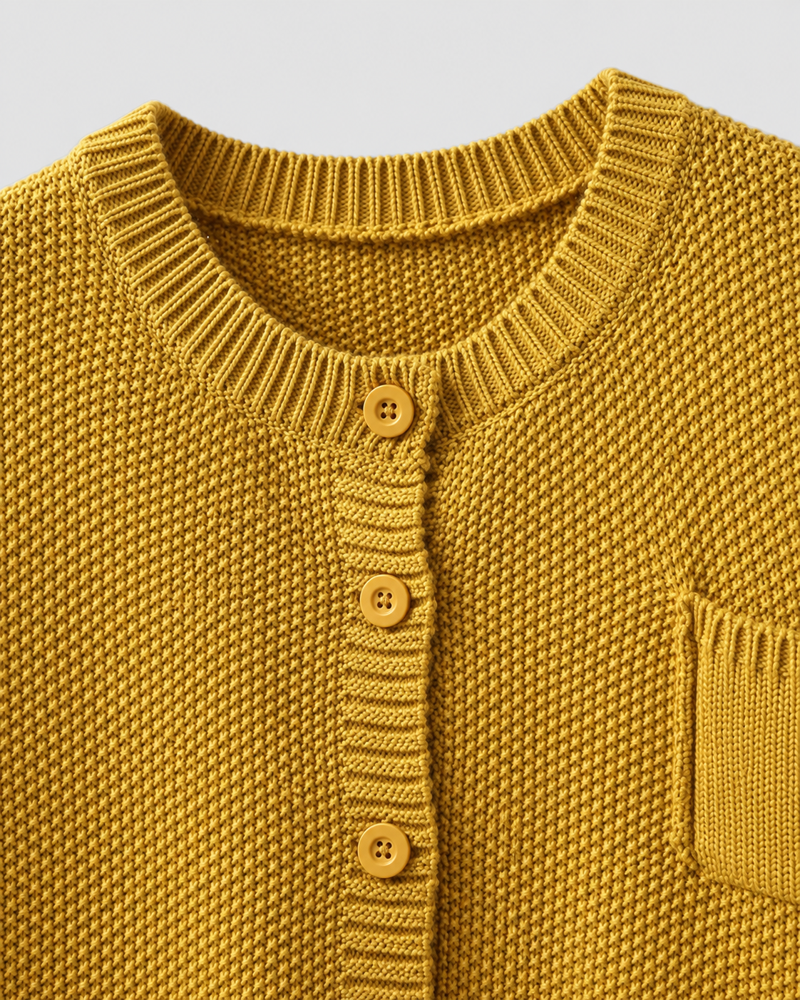 Yellow knit cardigan neckline with ribbed trim and gold button placket
