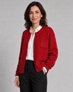 Red knit button-up cardigan with button front and chest pocket