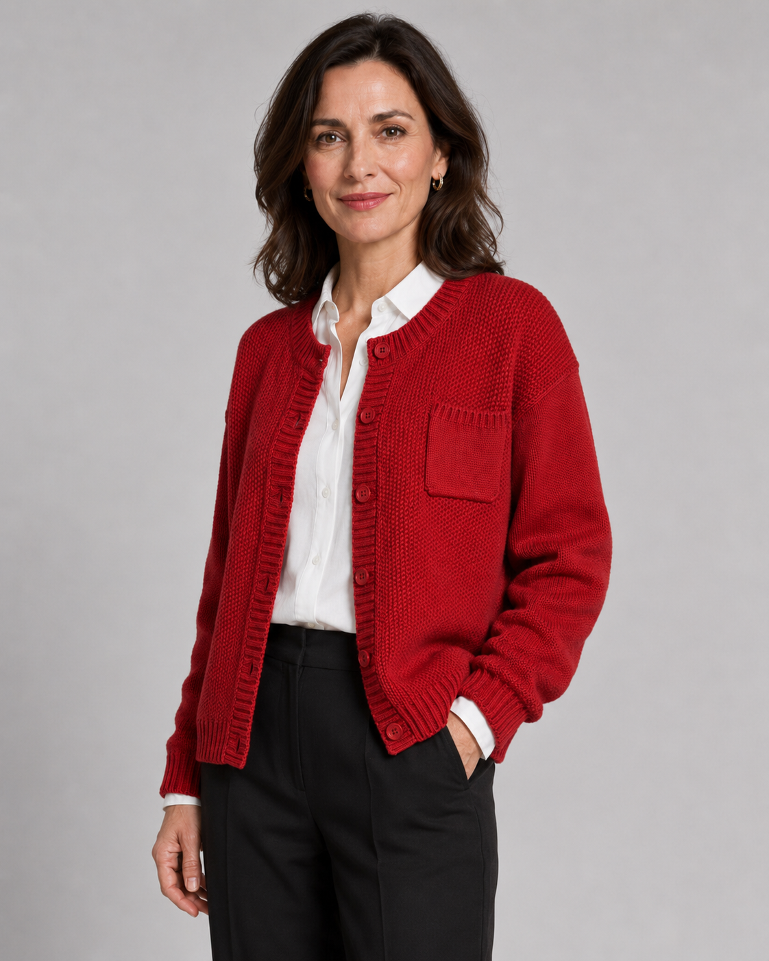 Red knit button-up cardigan with button front and chest pocket