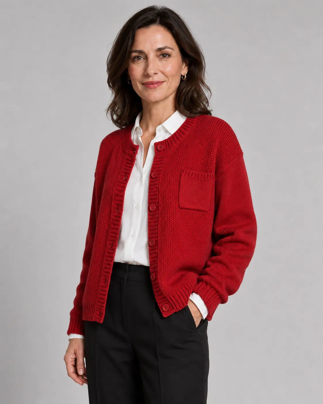 Red knit button-up cardigan with button front and chest pocket