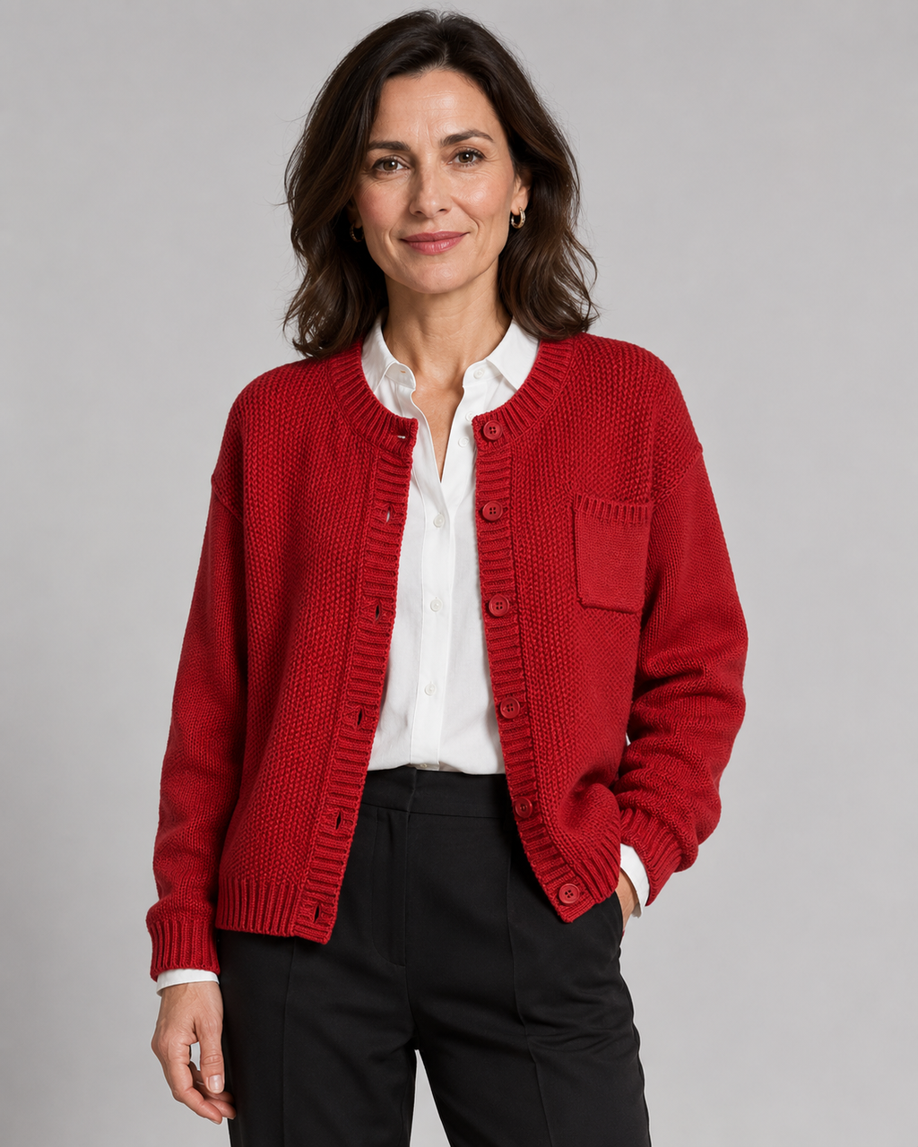 Red knit button-up cardigan with button front and chest pocket detail