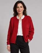 Red knit button-up cardigan with button front and chest pocket detail