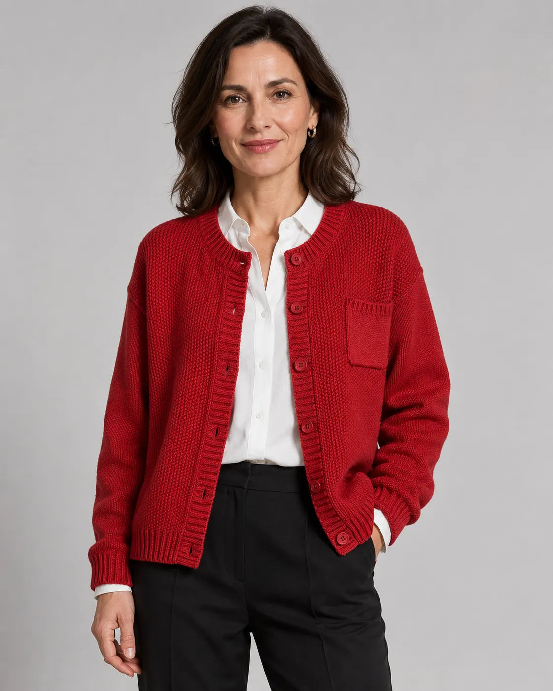 Red knit button-up cardigan with button front and chest pocket detail