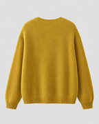 Yellow knit cardigan sweater back with ribbed hem and cuffs