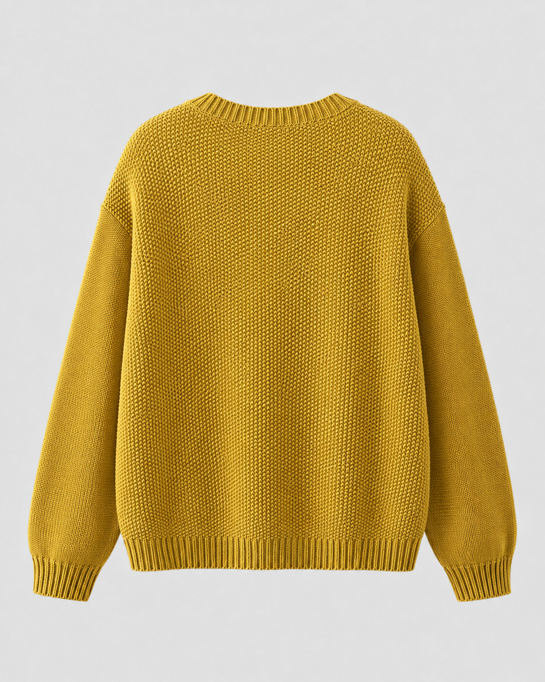 Yellow knit cardigan sweater back with ribbed hem and cuffs