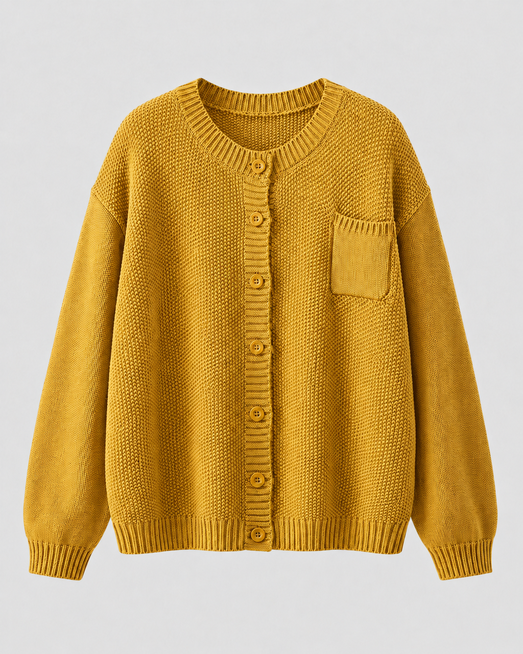 Yellow knit button-up cardigan with button front and chest pocket