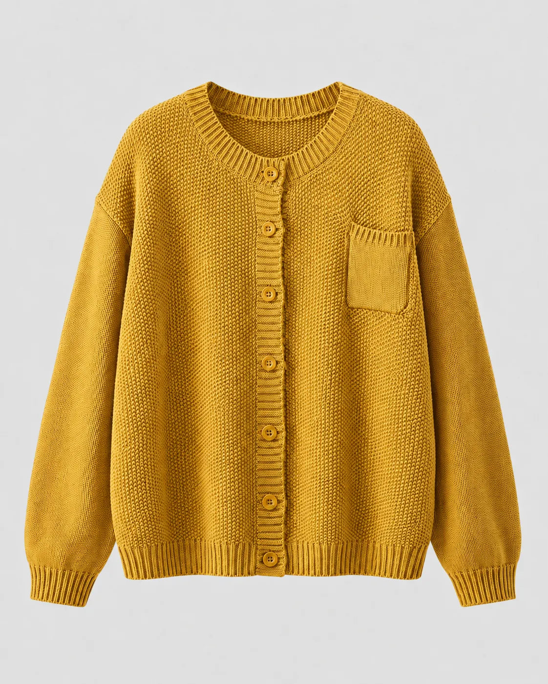Yellow knit button-up cardigan with button front and chest pocket