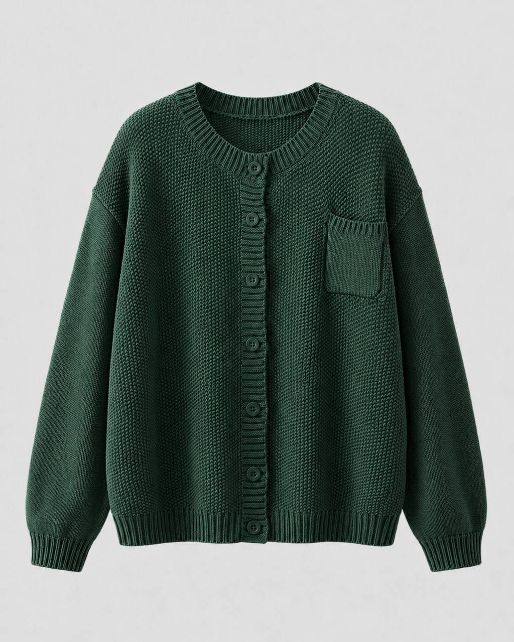 Green knit button-up cardigan with button front and chest pocket