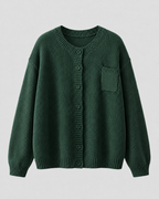 Green knit button-up cardigan with button front and chest pocket