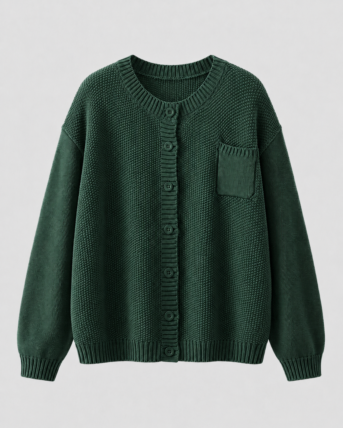 Green knit button-up cardigan with button front and chest pocket
