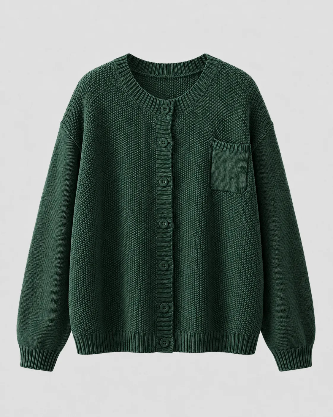 Green knit button-up cardigan with button front and chest pocket
