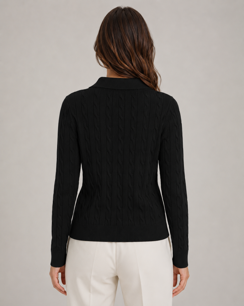 Black cable knit polo sweater, cable-stitch back with long sleeves