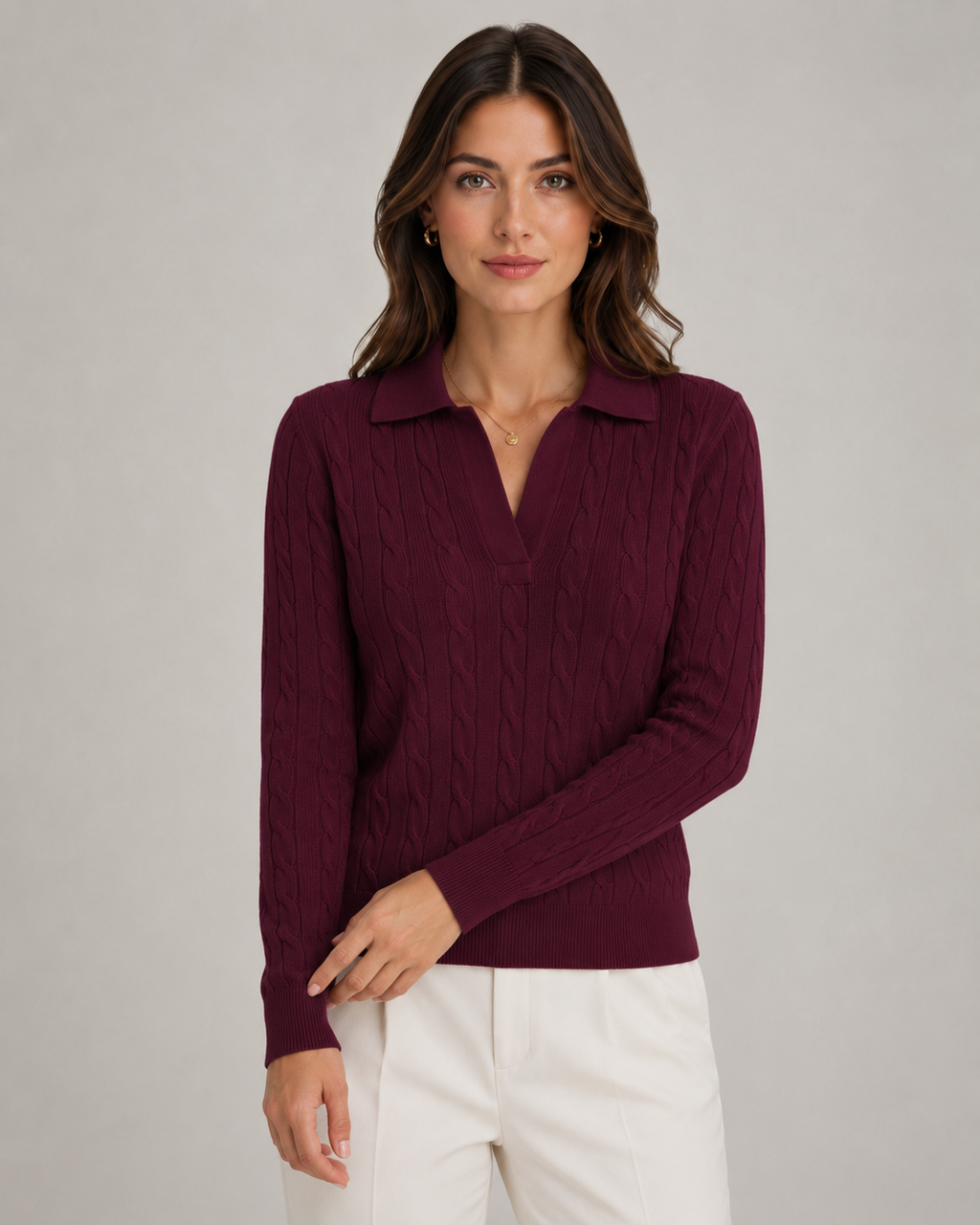 Burgundy cable knit polo sweater with ribbed polo collar and V button placket