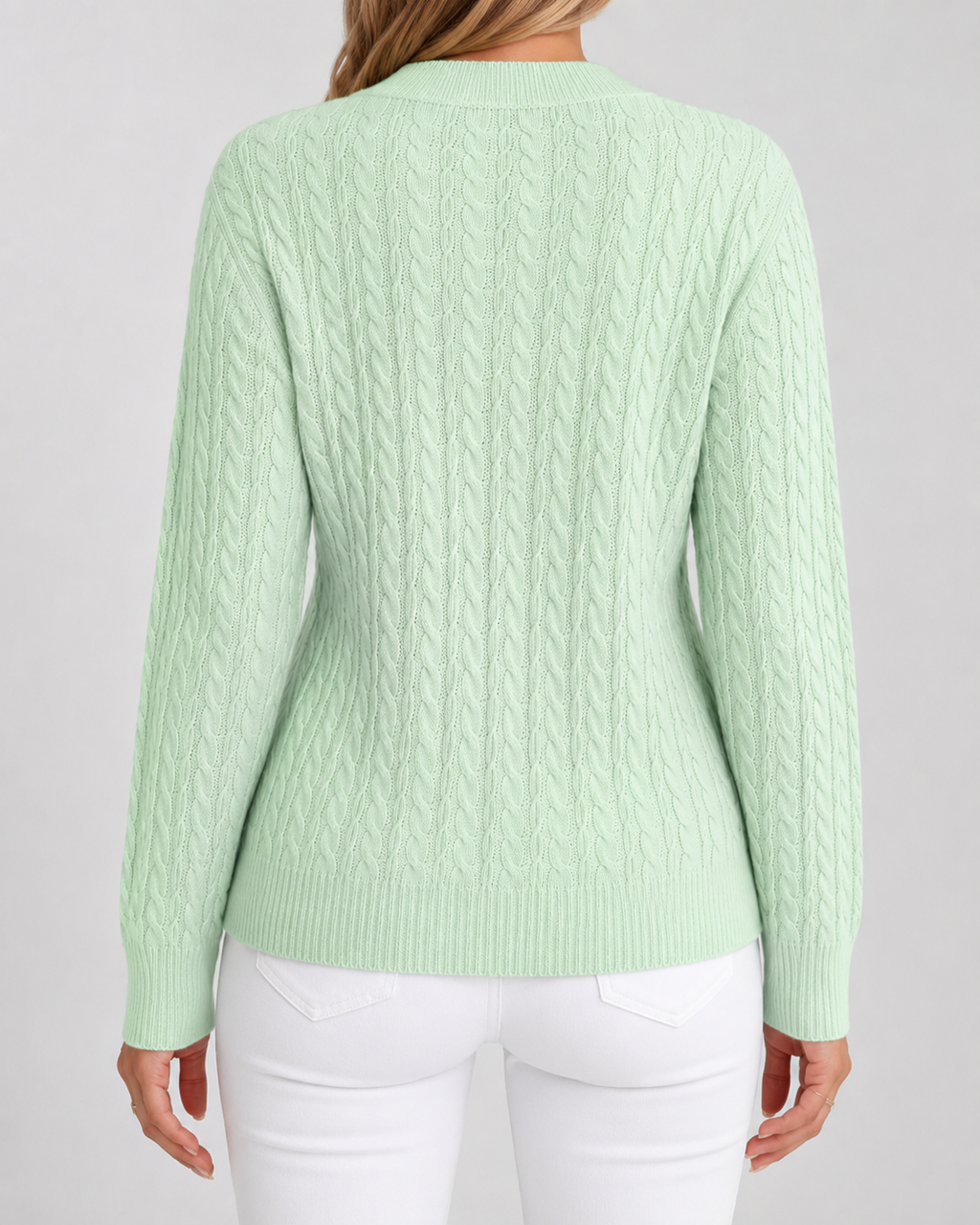 Women’s mint green cable knit crew neck sweater with textured back and ribbed hem