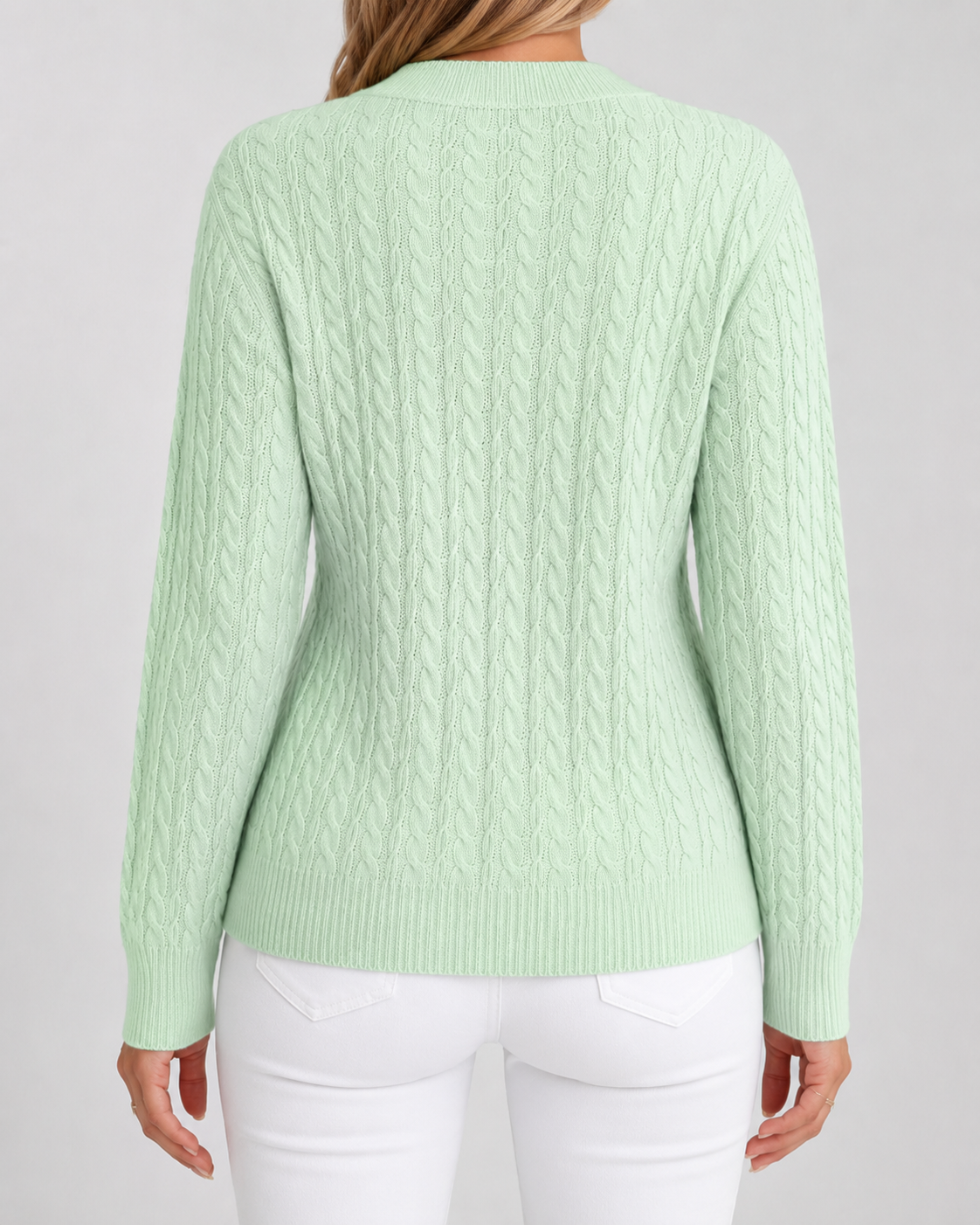 Women’s mint green cable knit crew neck sweater with textured back and ribbed hem