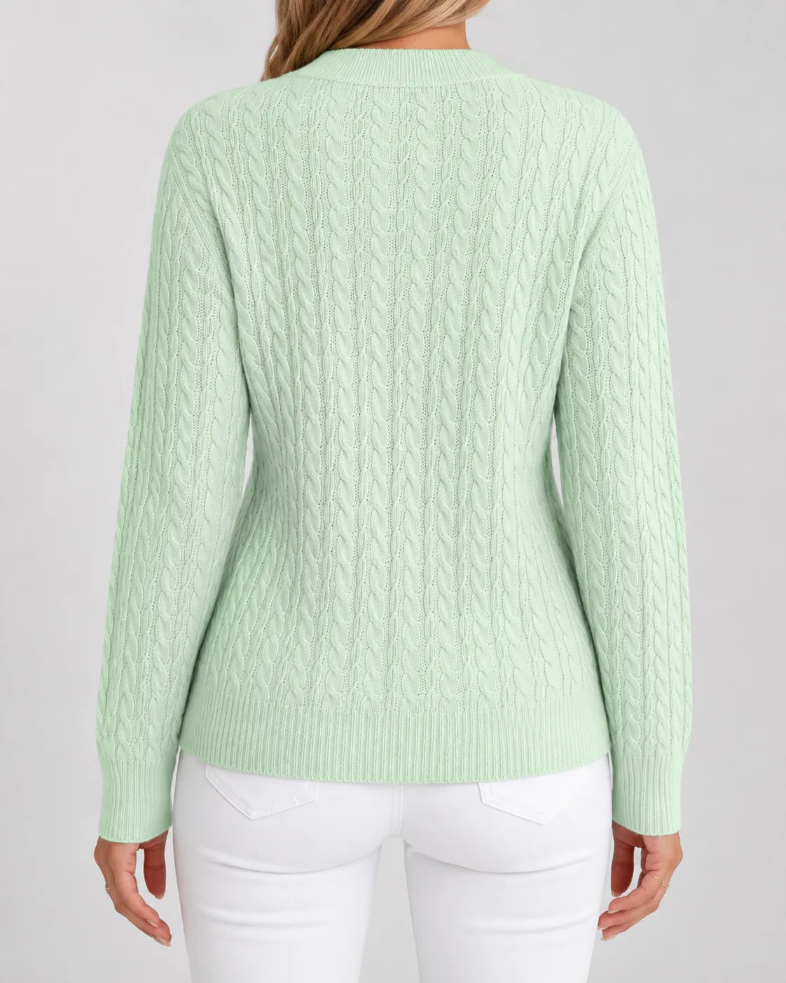Women’s mint green cable knit crew neck sweater with textured back and ribbed hem