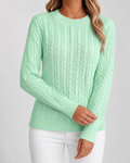 Women’s mint green cable knit crew neck sweater, long sleeves and ribbed cuffs