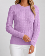 Women’s purple cable knit crew neck sweater with long sleeves and ribbed cuffs