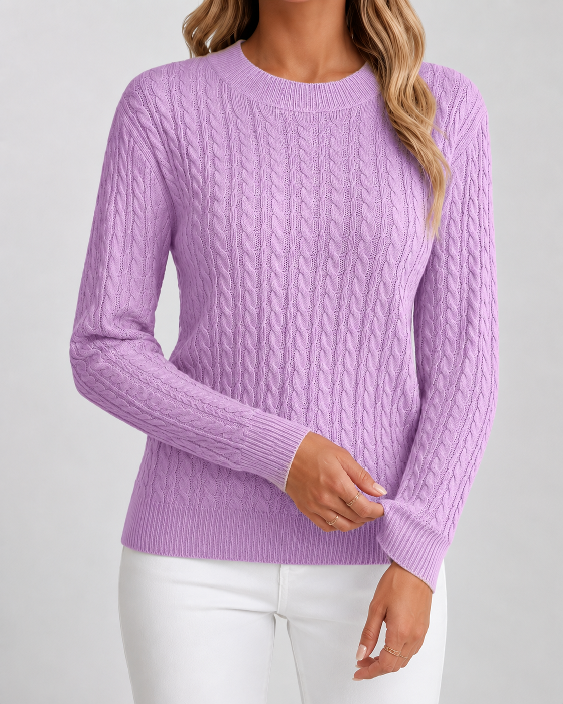 Women’s purple cable knit crew neck sweater with long sleeves and ribbed cuffs