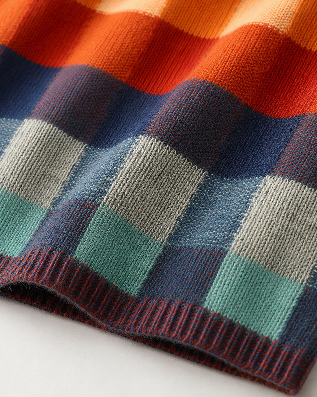Close-up of multicolor check knit sweater hem with ribbed trim