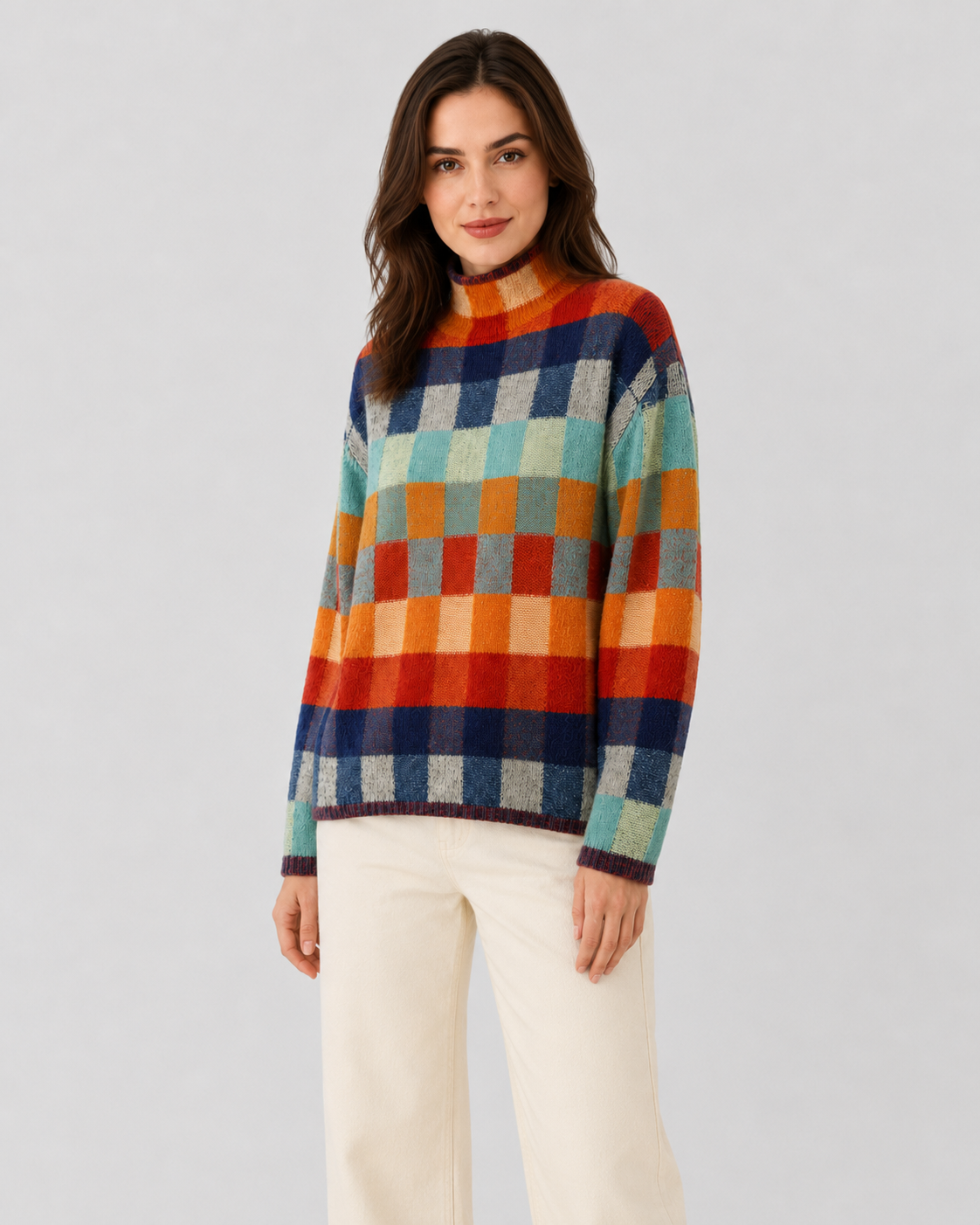 Women’s check knit turtleneck sweater in multicolor blocks with ribbed cuffs and hem