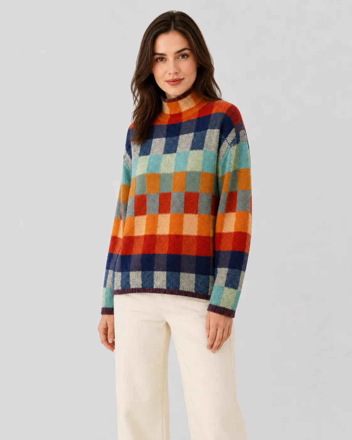 Women’s check knit turtleneck sweater in multicolor blocks with ribbed cuffs and hem