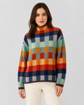Women’s check knit turtleneck sweater front view, multicolor blocks with long sleeves