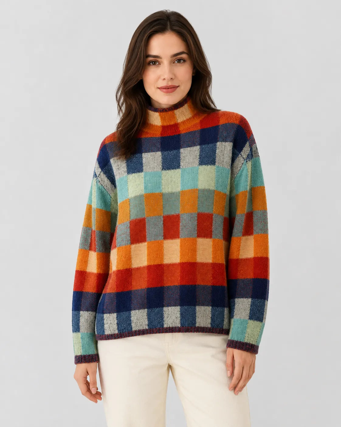 Women’s check knit turtleneck sweater front view, multicolor blocks with long sleeves