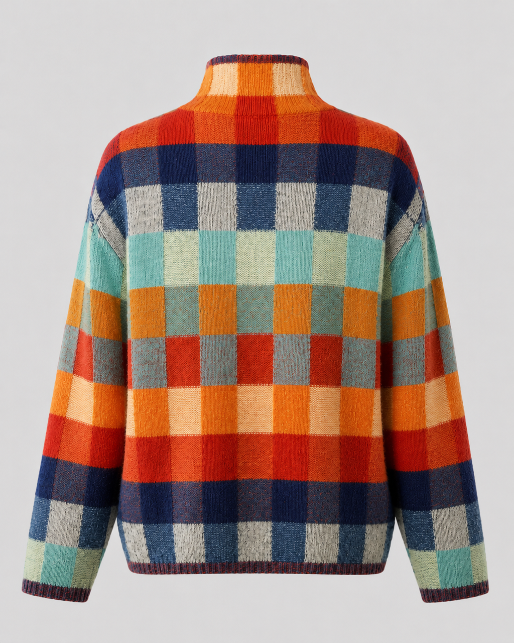 Women’s check knit turtleneck sweater, full back view, multicolor grid blocks
