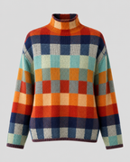 Women’s check knit turtleneck sweater, front view, multicolor block pattern and ribbed collar