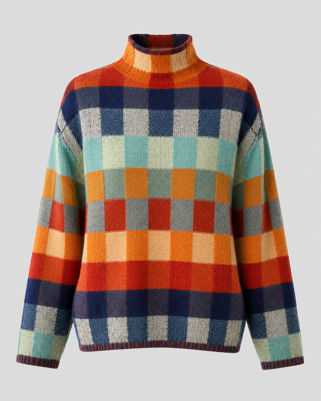Women’s check knit turtleneck sweater, front view, multicolor block pattern and ribbed collar