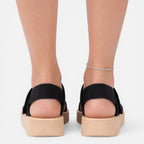 Women’s wedge sandals in black shown from the back with ankle bracelet