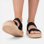 Women’s wedge sandals in black with two straps and visible textured tread sole