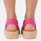 Women’s wedge sandals, bright pink straps on tan wedge soles