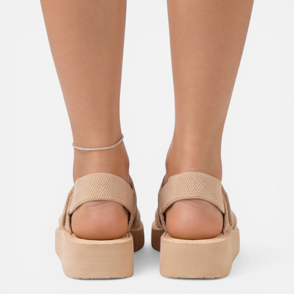 Women’s wedge sandals in beige from back view with ankle bracelet