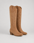 Brown suede-like knee-high cowboy boots with embroidered swirl pattern and block heel