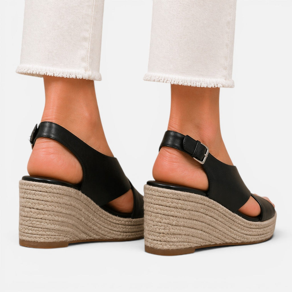 Women’s espadrille wedge sandals in black with ankle strap and wedge heel