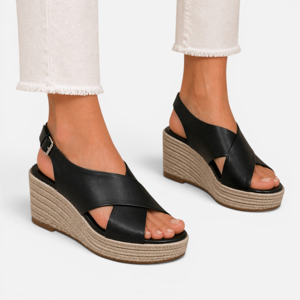 Women’s espadrille wedge sandals in black with two-strap upper and peep toe