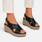 Women’s espadrille wedge sandals in black with two-strap upper and peep toe
