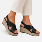 Women’s espadrille wedge sandals in black with crisscross straps and espadrille wedge