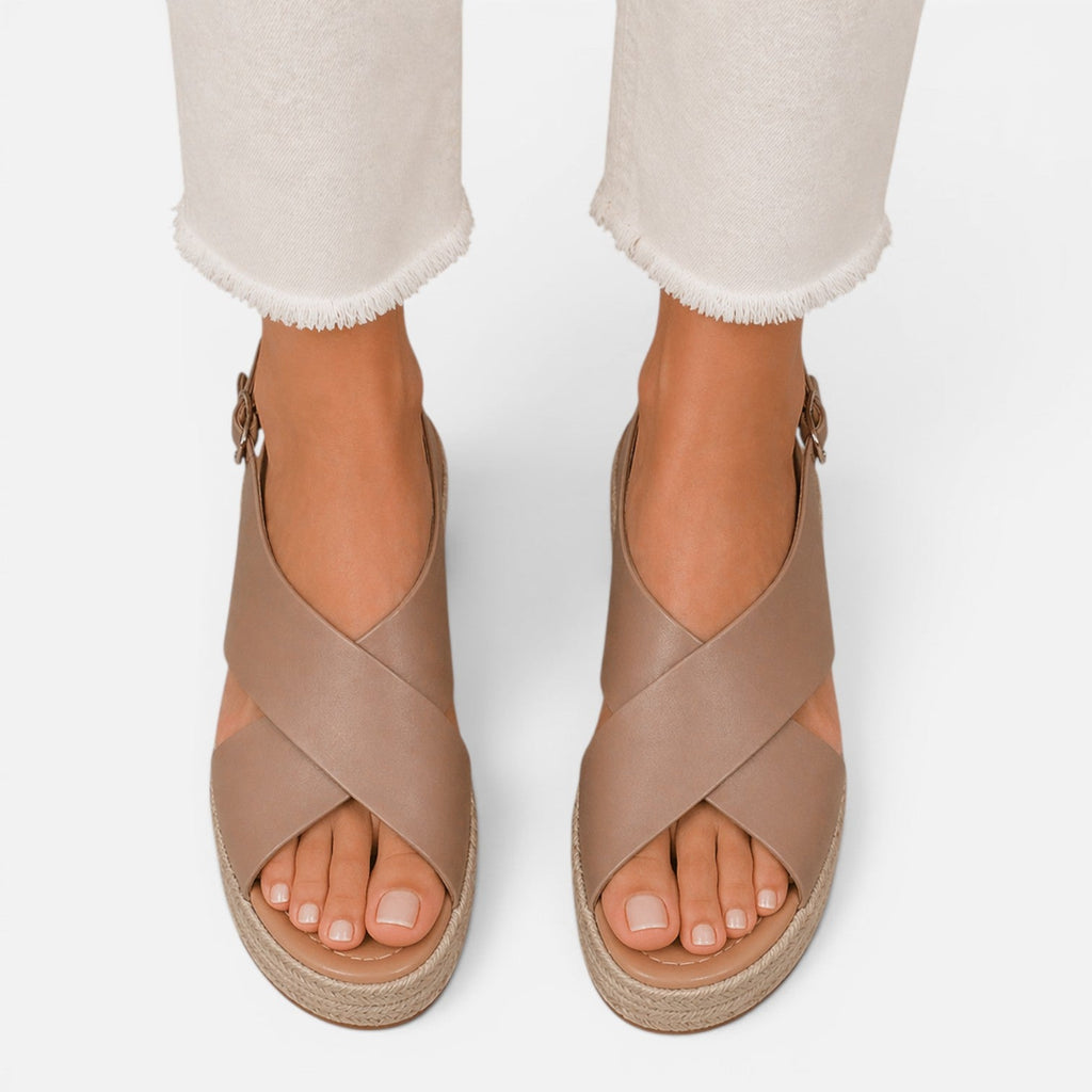 Women’s espadrille wedge sandals in brown with crisscross upper and peep toe