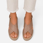 Women’s espadrille wedge sandals in brown with crisscross upper and peep toe