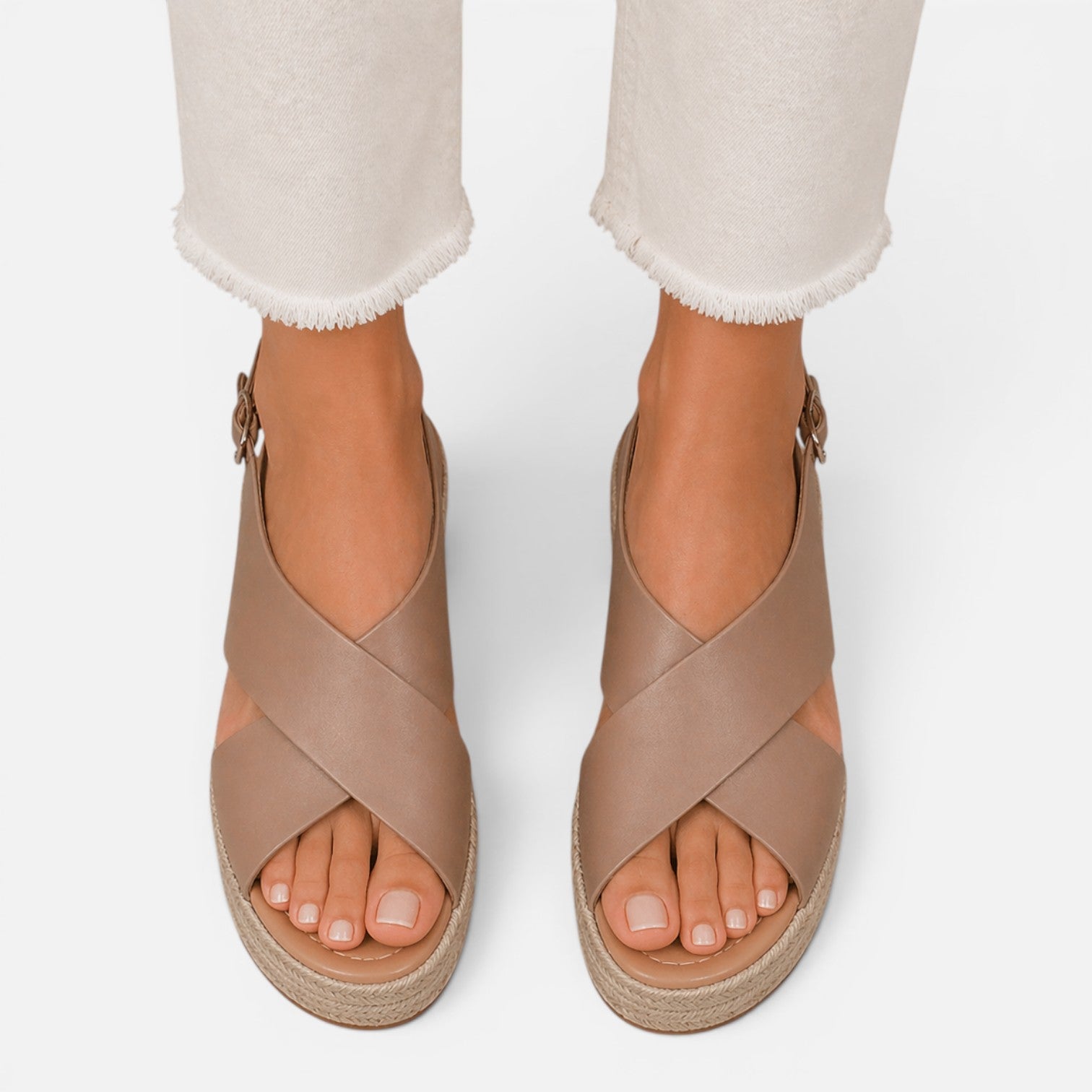 Women’s espadrille wedge sandals in brown with crisscross upper and peep toe