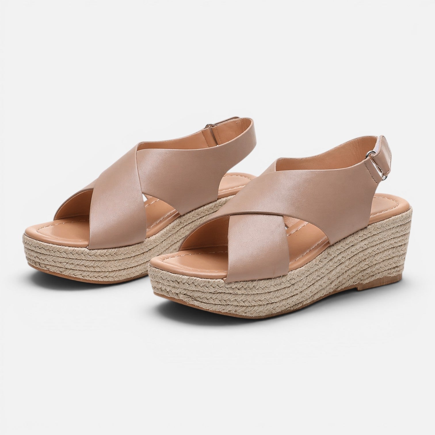 Women’s espadrille wedge sandals in tan with wide strap and buckle detail