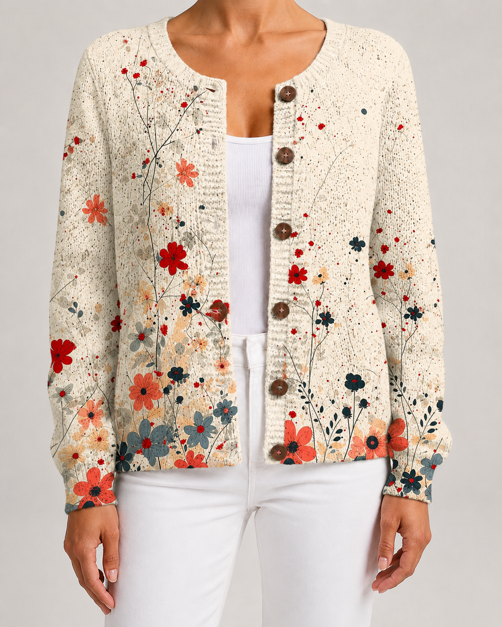 Floral knit cardigan with red and multicolor blossoms, button-front with round dark buttons.