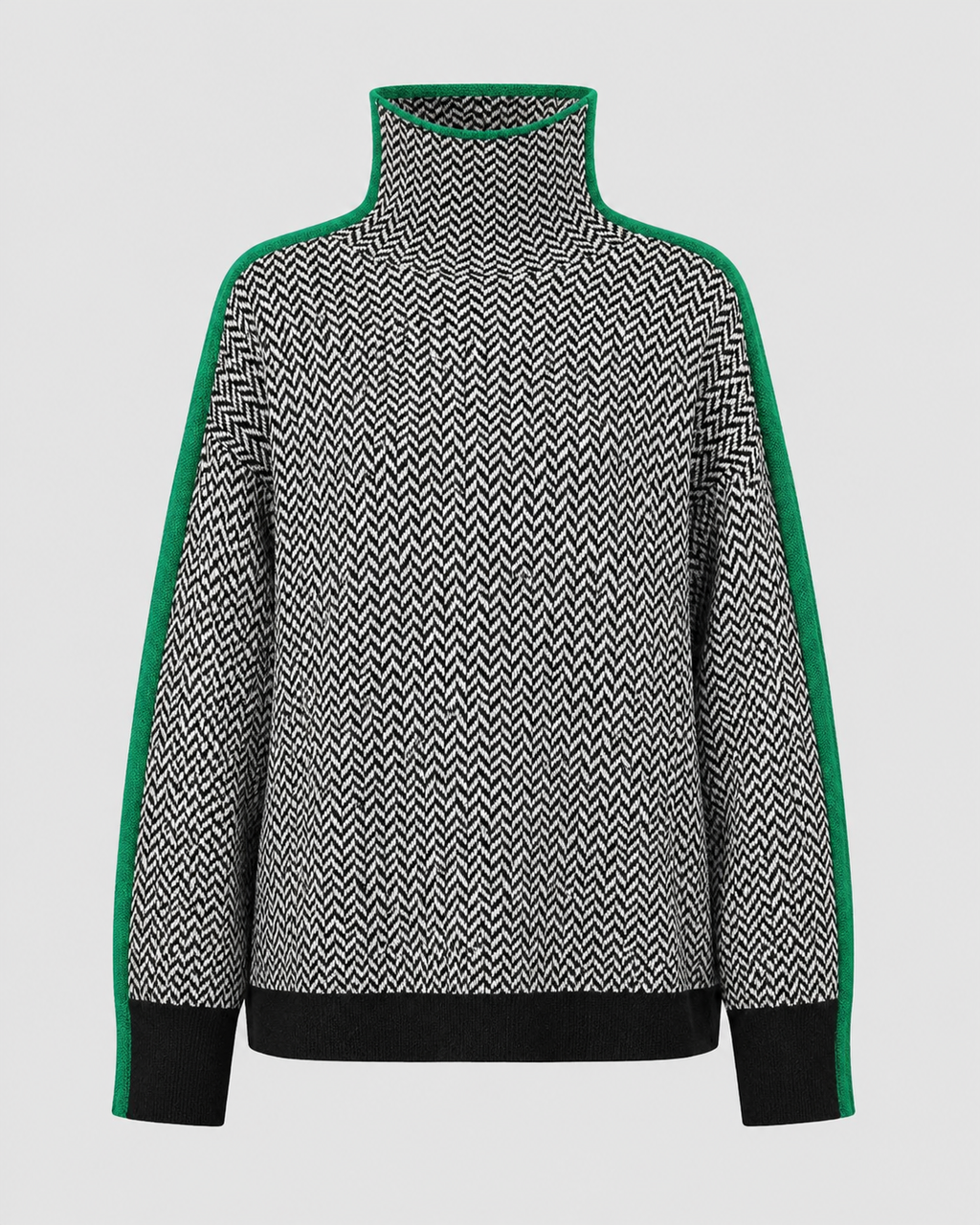 Herringbone knit turtleneck sweater with contrast sleeves, back view in green trim