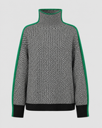 Herringbone knit turtleneck sweater with contrast sleeves, back view in green trim
