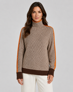 Herringbone knit turtleneck sweater with contrast sleeves, beige and dark zigzag pattern