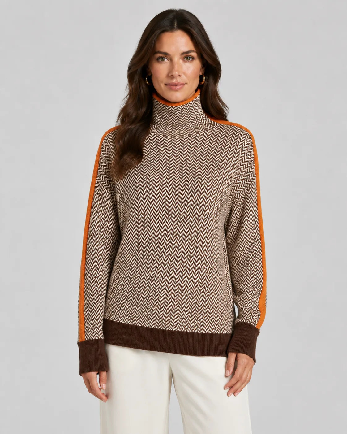 Herringbone knit turtleneck sweater with contrast sleeves, beige and dark zigzag pattern
